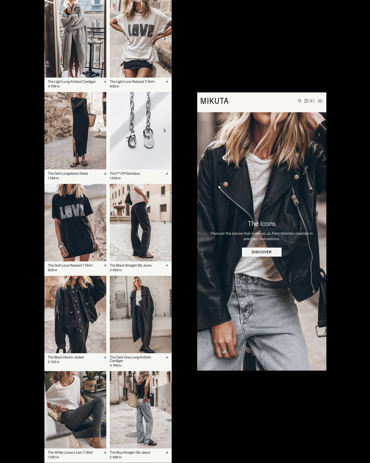 A screenshot-style collage of fashion product listings on a dark background, with a large featured item on the right showing a woman in a black moto jacket over a white top and light denim jeans. Smaller thumbnails on the left display other clothing items such as a gray cardigan, white graphic T-shirt, black dress, earrings, and black jacket.